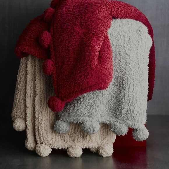 Pottery Barn Cozy Pom Pom Sherpa Throw - Color: Smoke - Picture 3 of 8